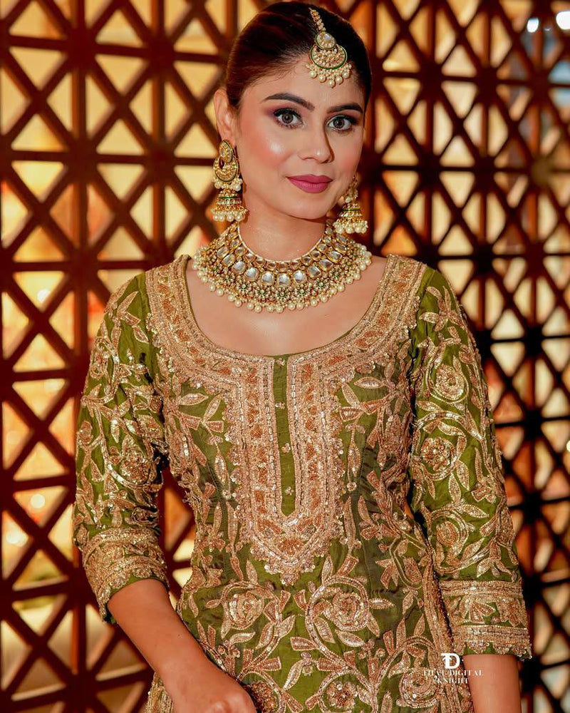 Green Color Codding Sequins Embroidery Work Sharara Suit