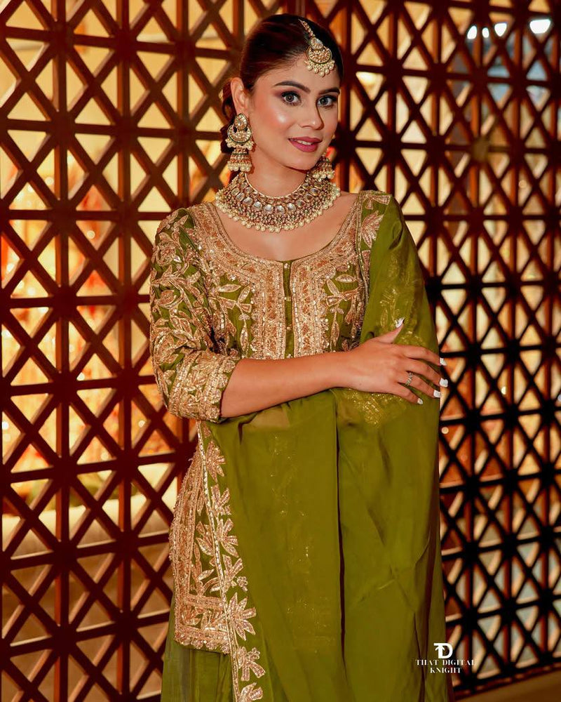 Green Color Codding Sequins Embroidery Work Sharara Suit