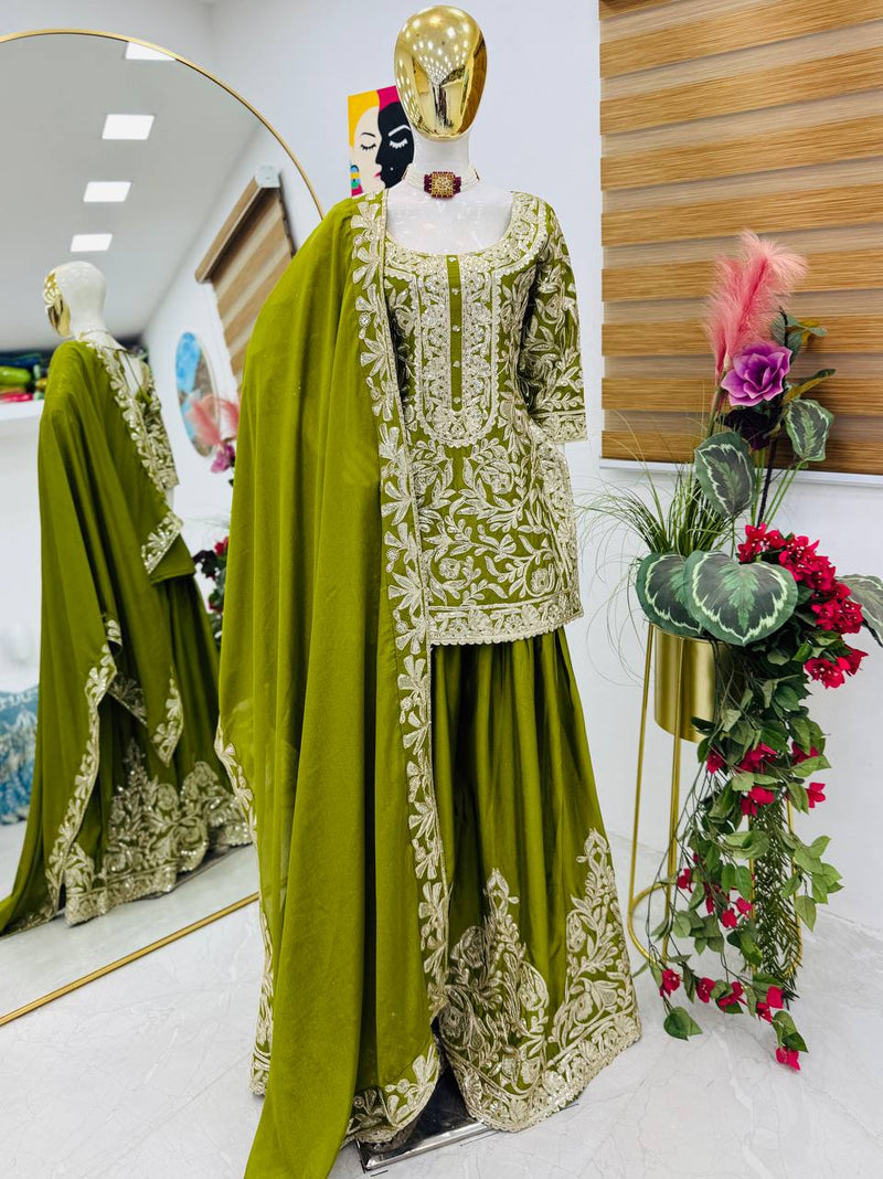 Green Color Codding Sequins Embroidery Work Sharara Suit