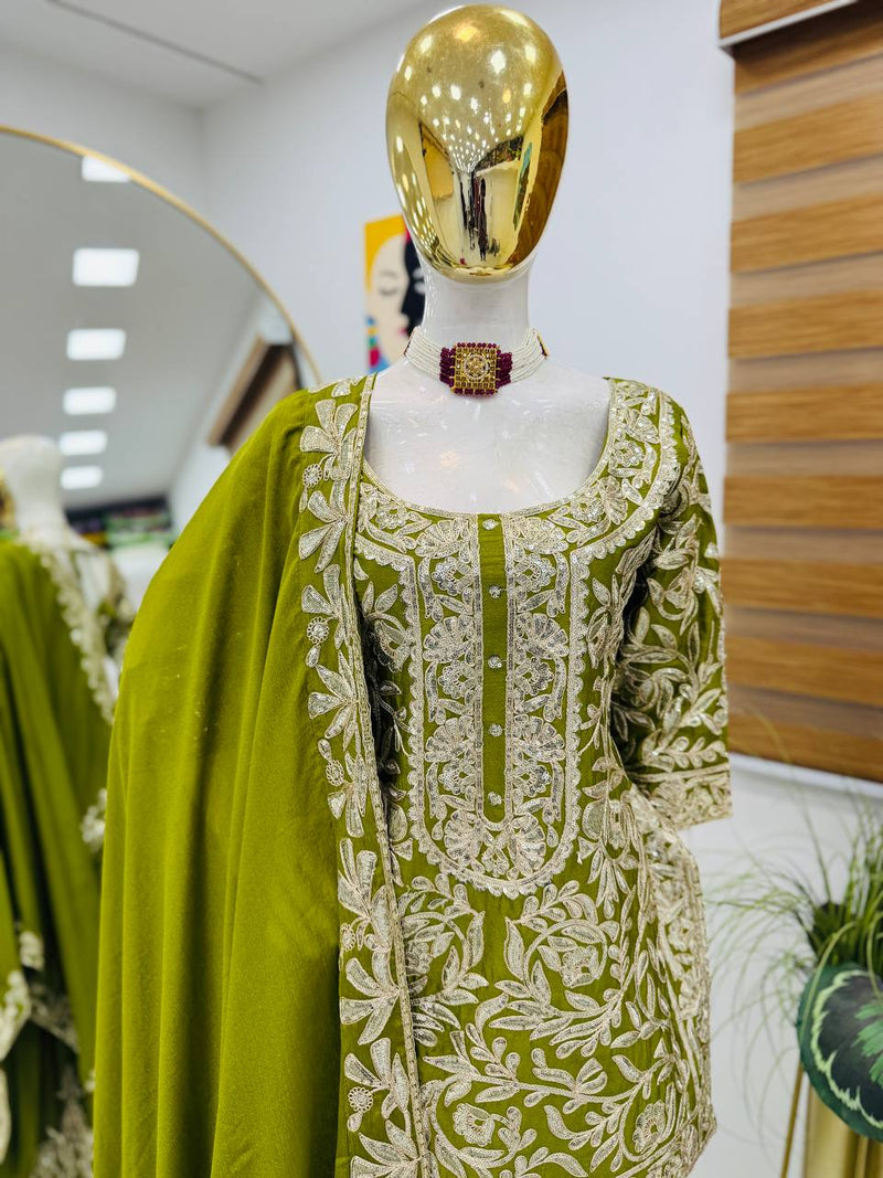 Green Color Codding Sequins Embroidery Work Sharara Suit