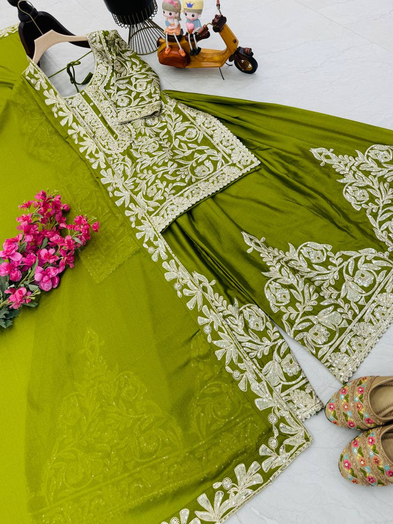 Green Color Codding Sequins Embroidery Work Sharara Suit