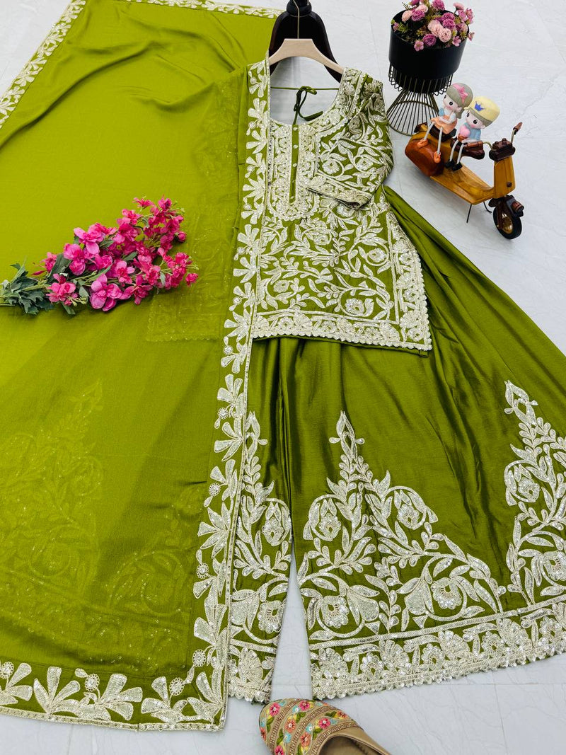 Green Color Codding Sequins Embroidery Work Sharara Suit
