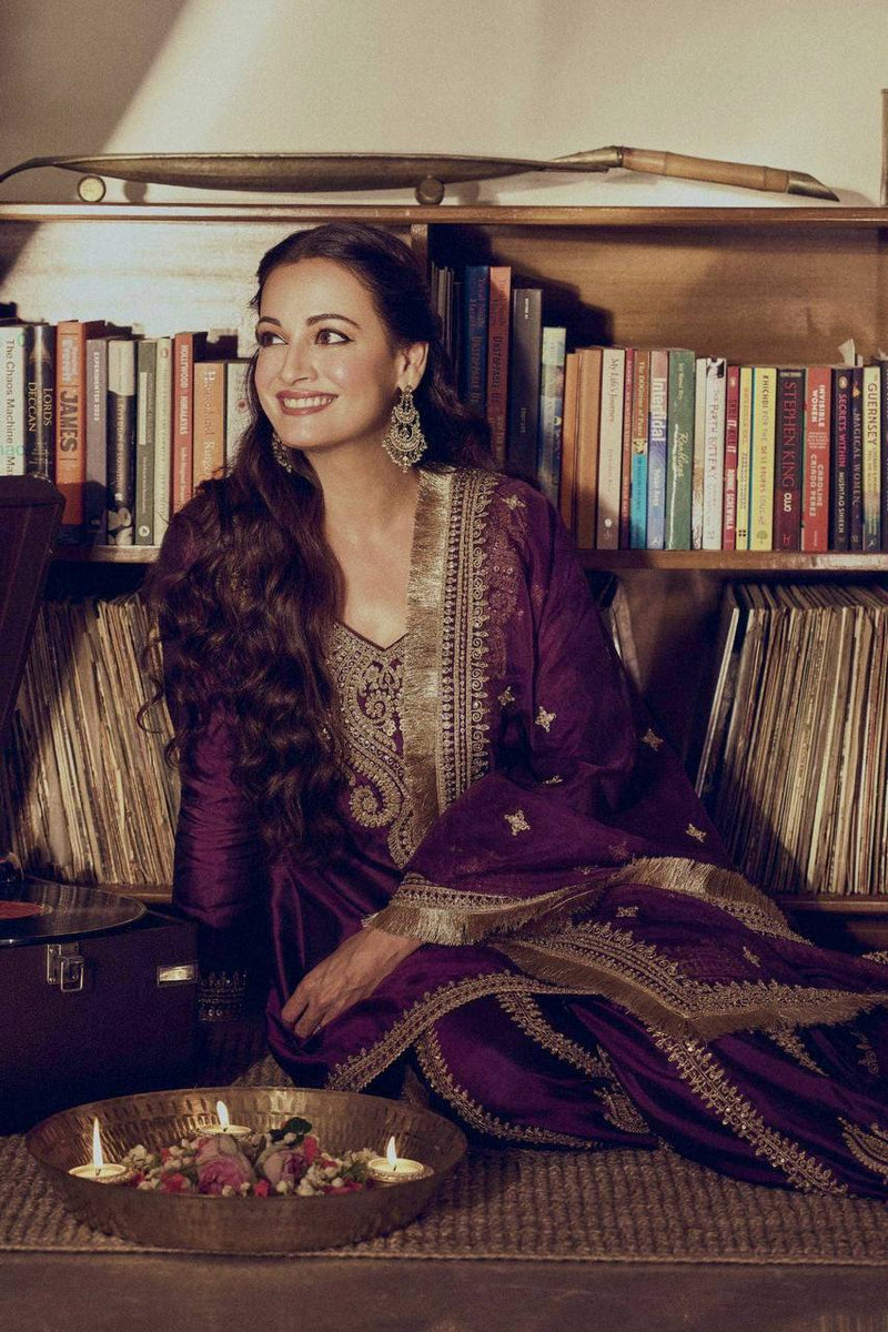 Dark Purple Color Sequins Embroidery Work Sharara Suit