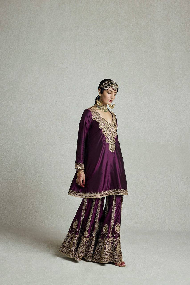 Dark Purple Color Sequins Embroidery Work Sharara Suit