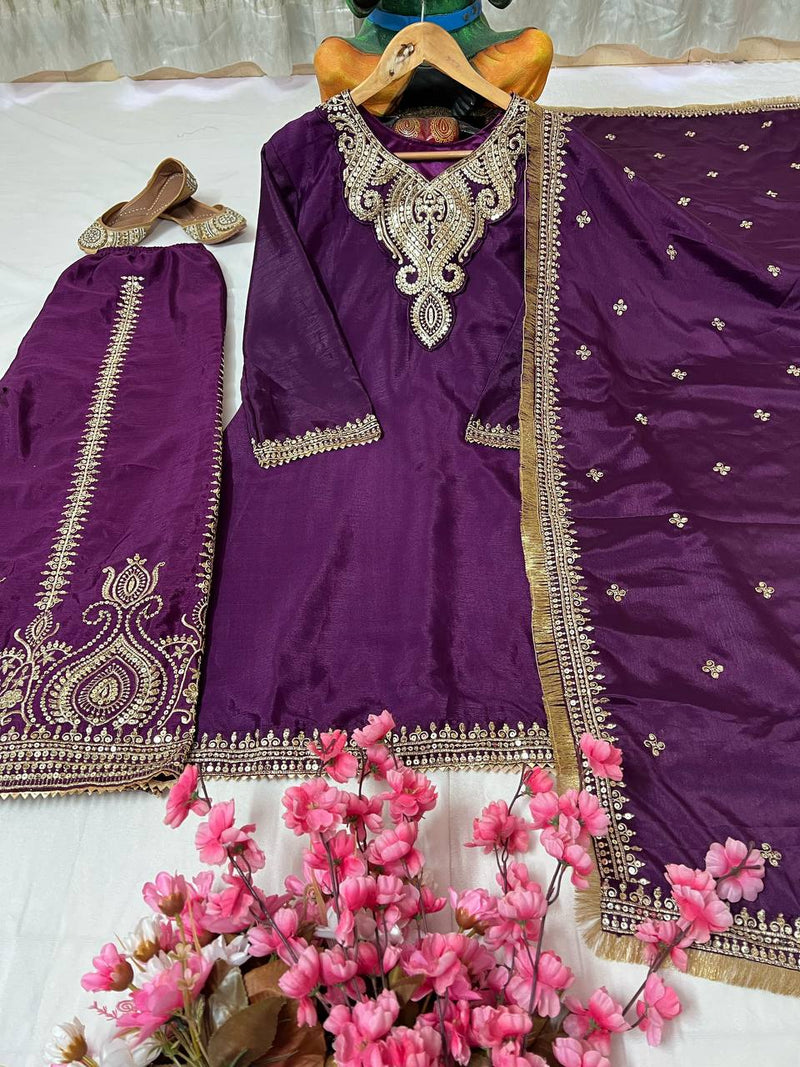Dark Purple Color Sequins Embroidery Work Sharara Suit