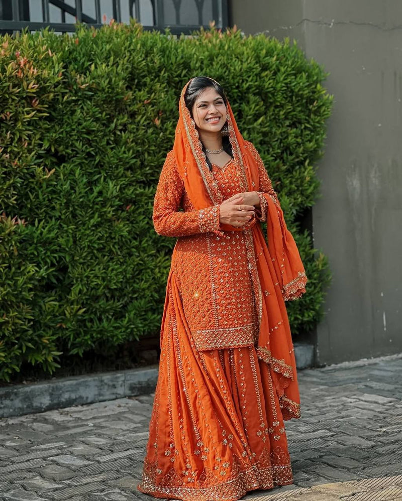 Orange Color Sequins Embroidery Work Sharara Suit