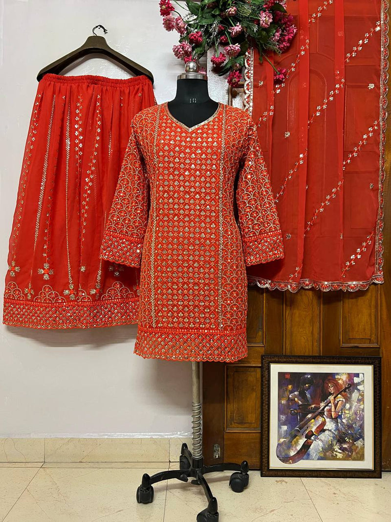 Orange Color Sequins Embroidery Work Sharara Suit