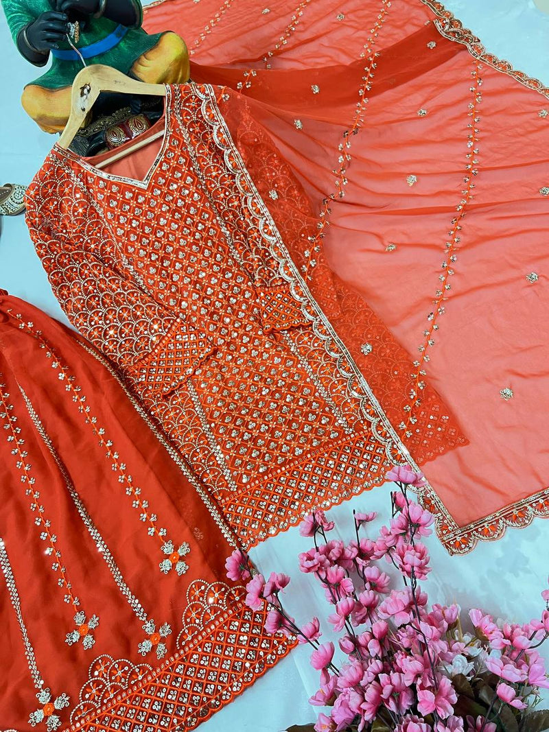 Orange Color Sequins Embroidery Work Sharara Suit