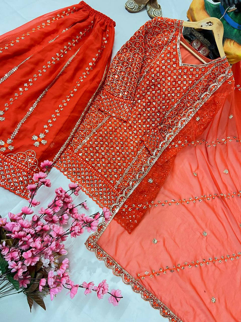 Orange Color Sequins Embroidery Work Sharara Suit