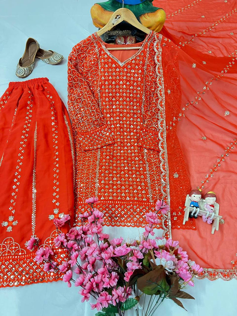 Orange Color Sequins Embroidery Work Sharara Suit