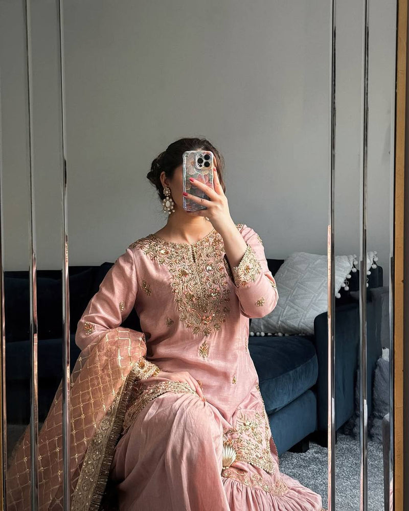 Baby Pink Color Sequins Embroidery Work Sharara Suit