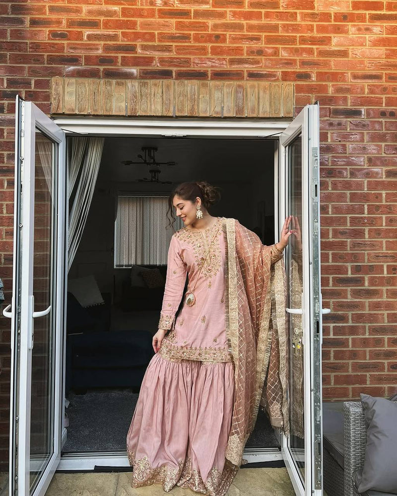 Baby Pink Color Sequins Embroidery Work Sharara Suit