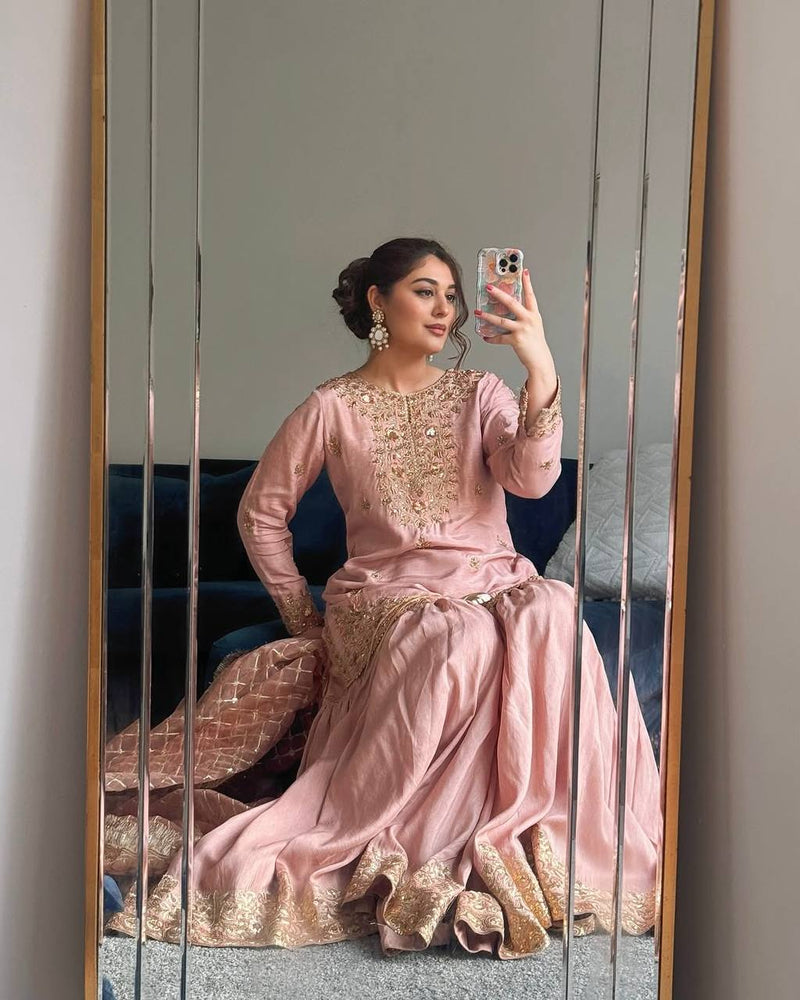 Baby Pink Color Sequins Embroidery Work Sharara Suit