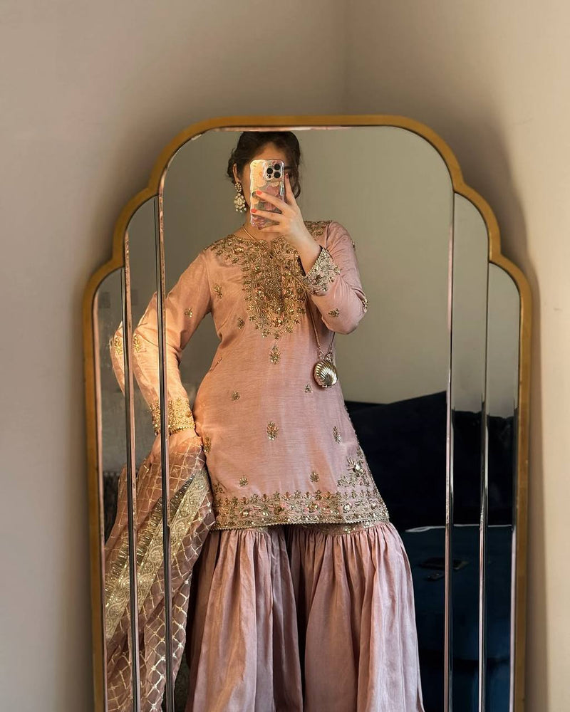 Baby Pink Color Sequins Embroidery Work Sharara Suit