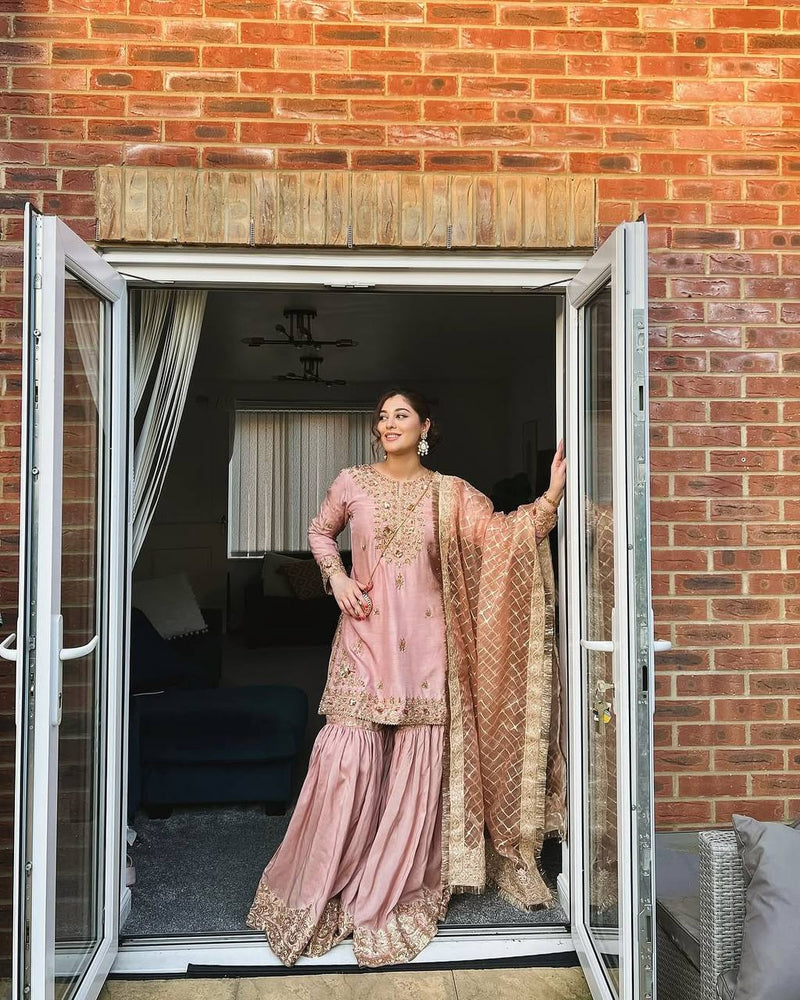 Baby Pink Color Sequins Embroidery Work Sharara Suit