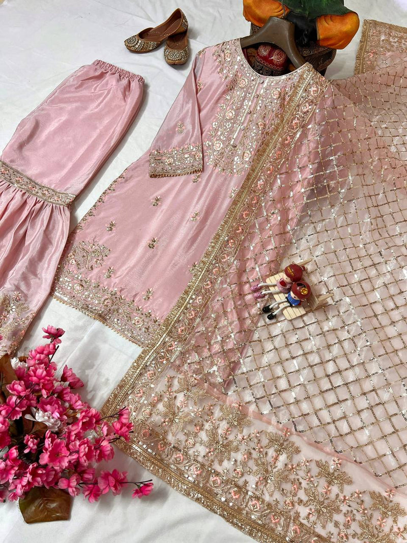 Baby Pink Color Sequins Embroidery Work Sharara Suit