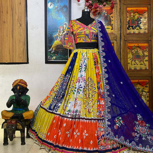 Multi Color Digital Print with Mirror Work Designer Lehenga Choli