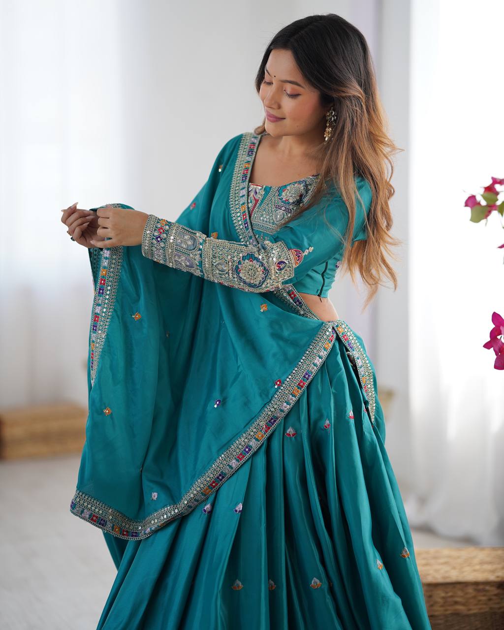 Sky Blue Color Heavy Thread with Sequins Work  Designer Lehenga Choli