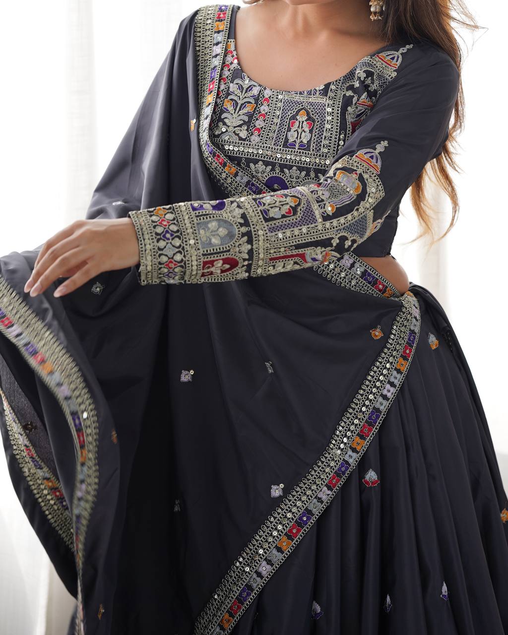 Black Color Heavy Thread with Sequins Work  Designer Lehenga Choli