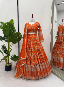 Orange Color Thread With Sequins Work Designer Lehenga Choli