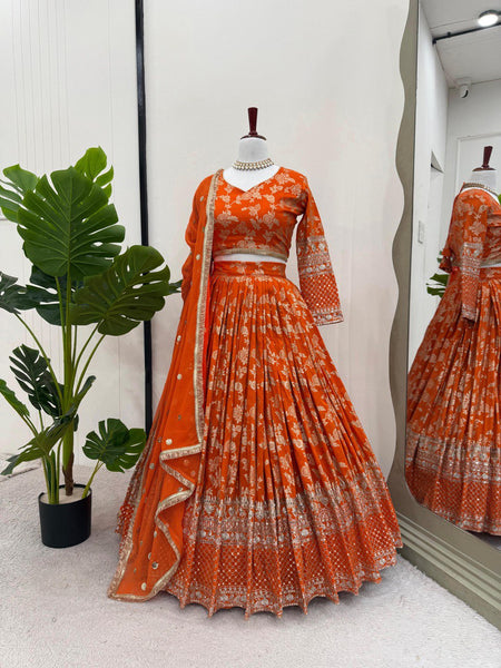 Orange Color Thread With Sequins Work Designer Lehenga Choli