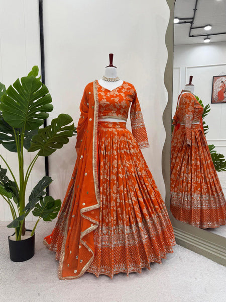 Orange Color Thread With Sequins Work Designer Lehenga Choli