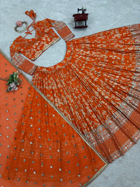 Orange Color Thread With Sequins Work Designer Lehenga Choli