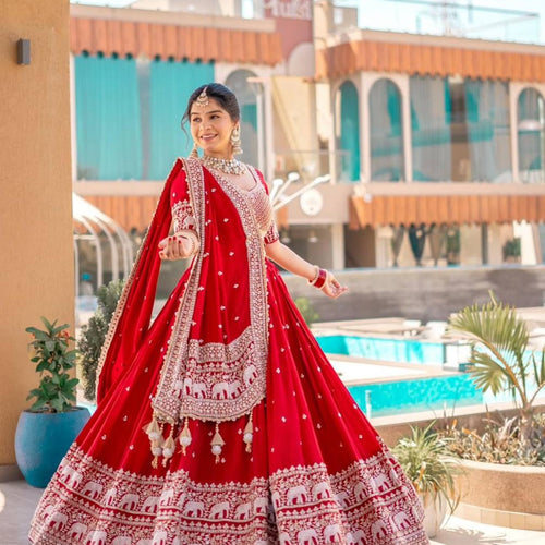 Red Color Embroidery Thread with Sequins Work  Designer Lehenga Choli