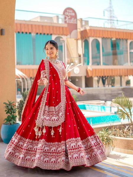 Red Color Embroidery Thread with Sequins Work  Designer Lehenga Choli