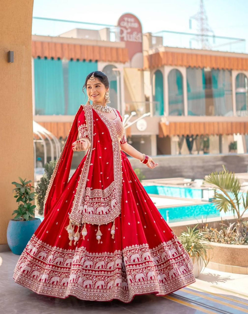 Red Color Embroidery Thread with Sequins Work  Designer Lehenga Choli