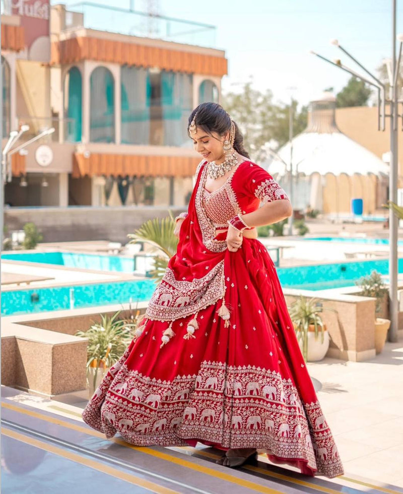 Red Color Embroidery Thread with Sequins Work  Designer Lehenga Choli