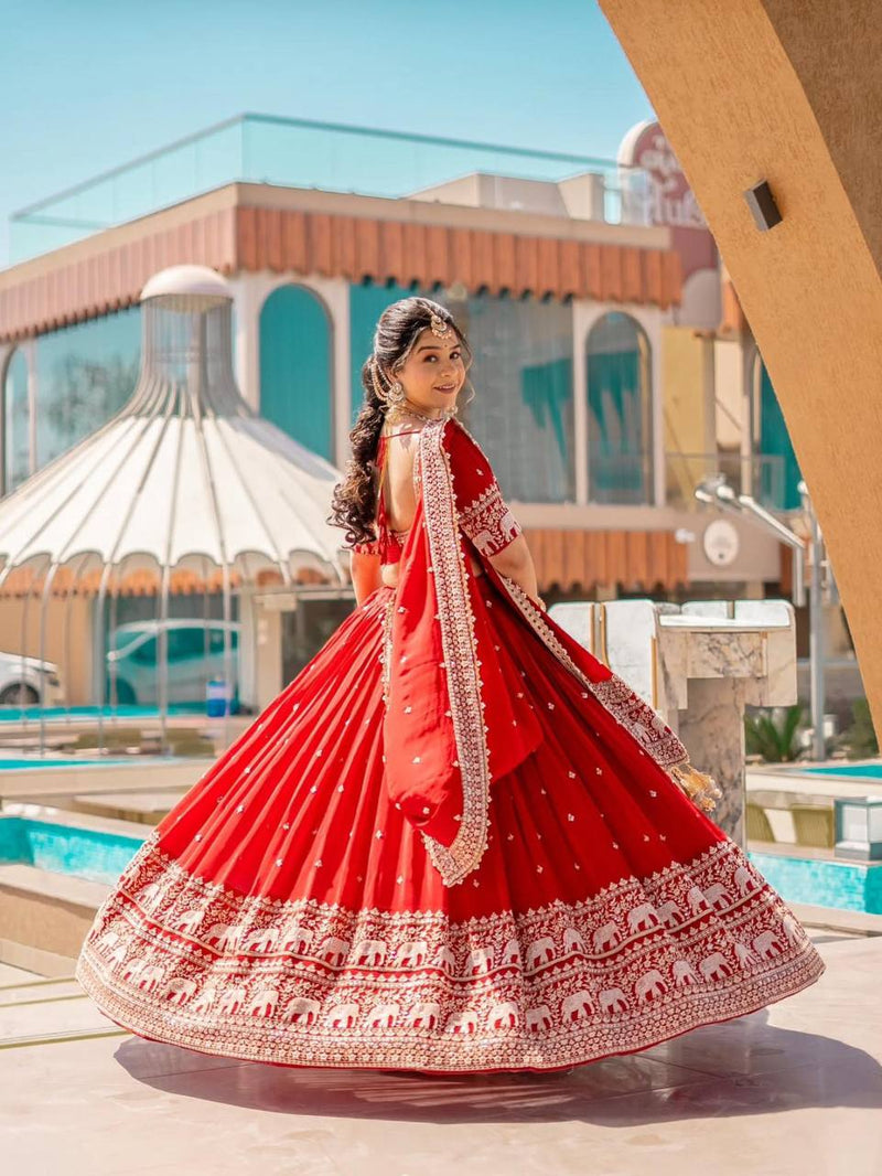 Red Color Embroidery Thread with Sequins Work  Designer Lehenga Choli