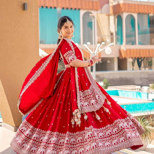 Red Color Embroidery Thread with Sequins Work  Designer Lehenga Choli