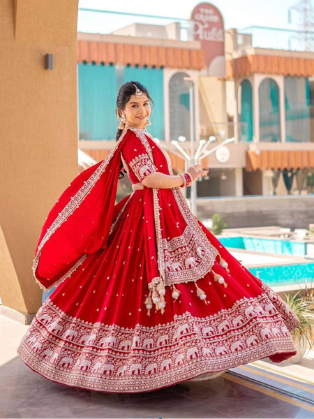 Red Color Embroidery Thread with Sequins Work  Designer Lehenga Choli