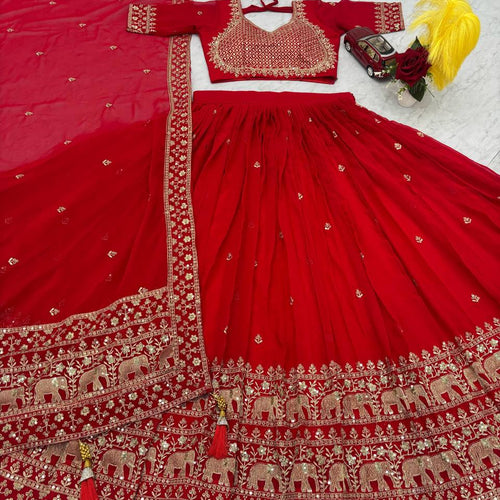 Red Color Embroidery Thread with Sequins Work  Designer Lehenga Choli
