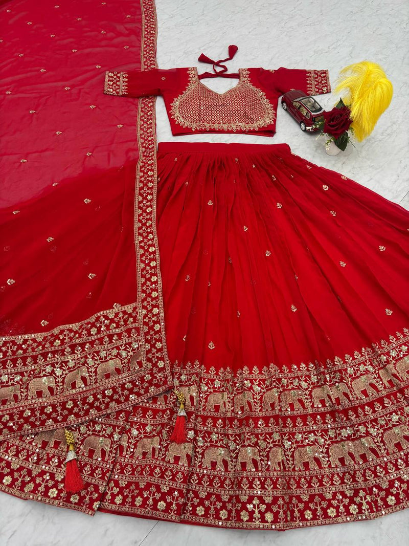 Red Color Embroidery Thread with Sequins Work  Designer Lehenga Choli