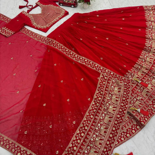 Red Color Embroidery Thread with Sequins Work  Designer Lehenga Choli