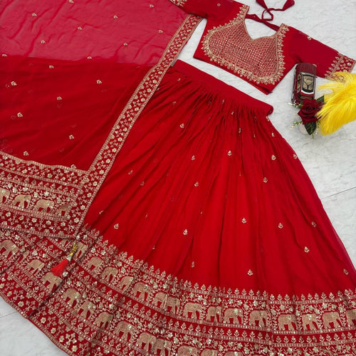 Red Color Embroidery Thread with Sequins Work  Designer Lehenga Choli