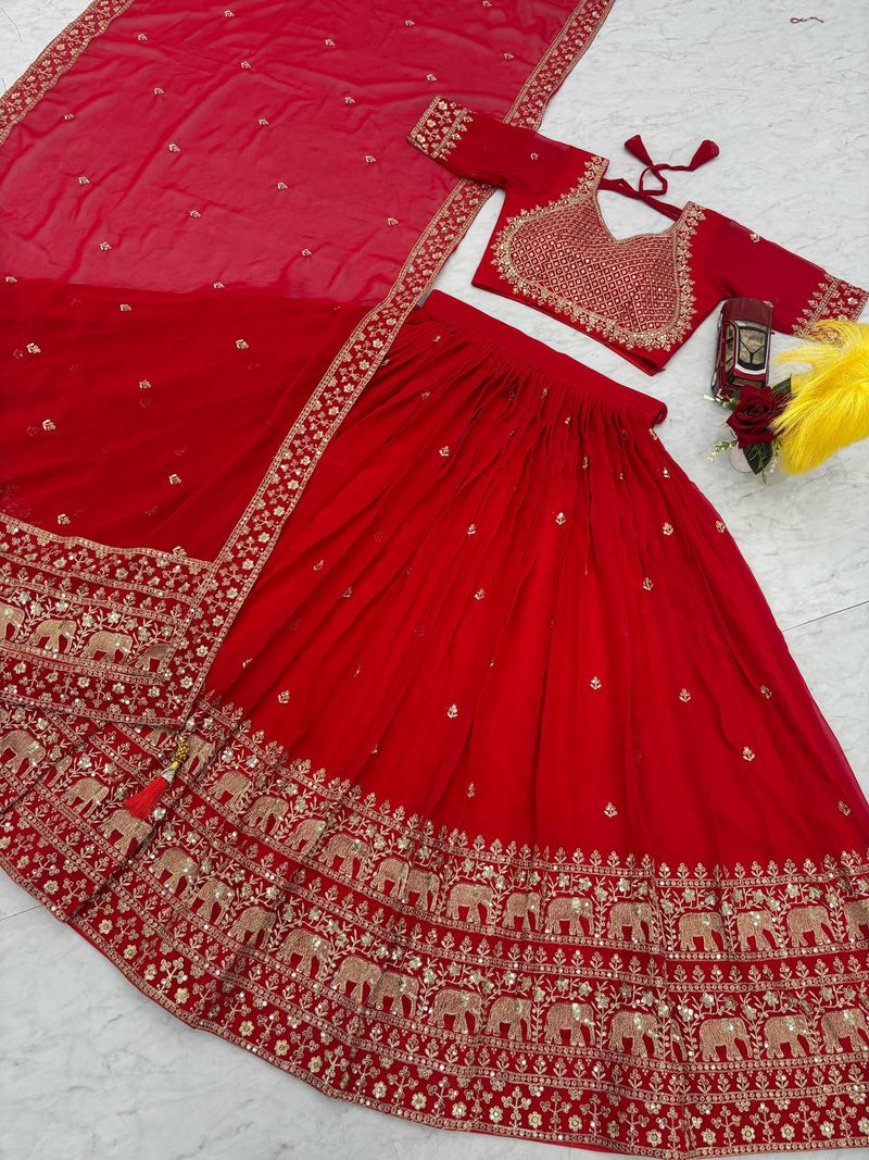 Red Color Embroidery Thread with Sequins Work  Designer Lehenga Choli