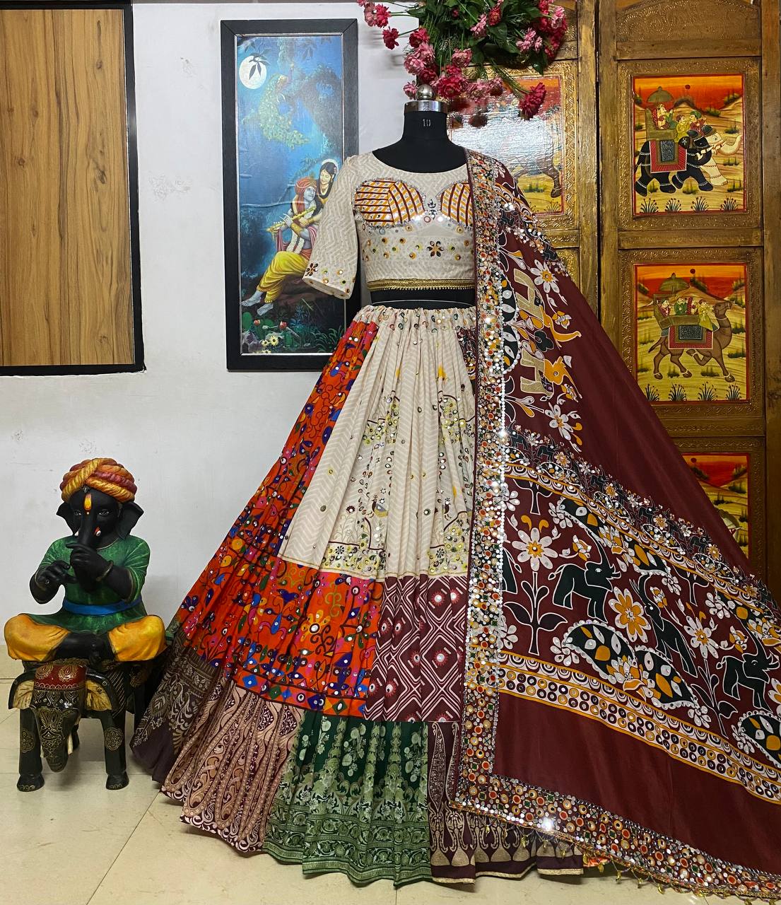 Multi Color Digital Print with Mirror Work Designer Lehenga Choli