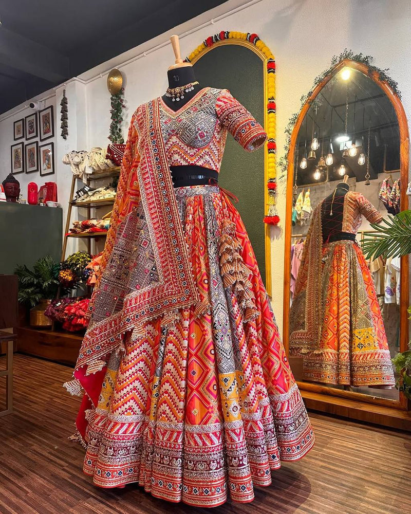 Multi Color Digital Print with Mirror Work Designer Lehenga Choli