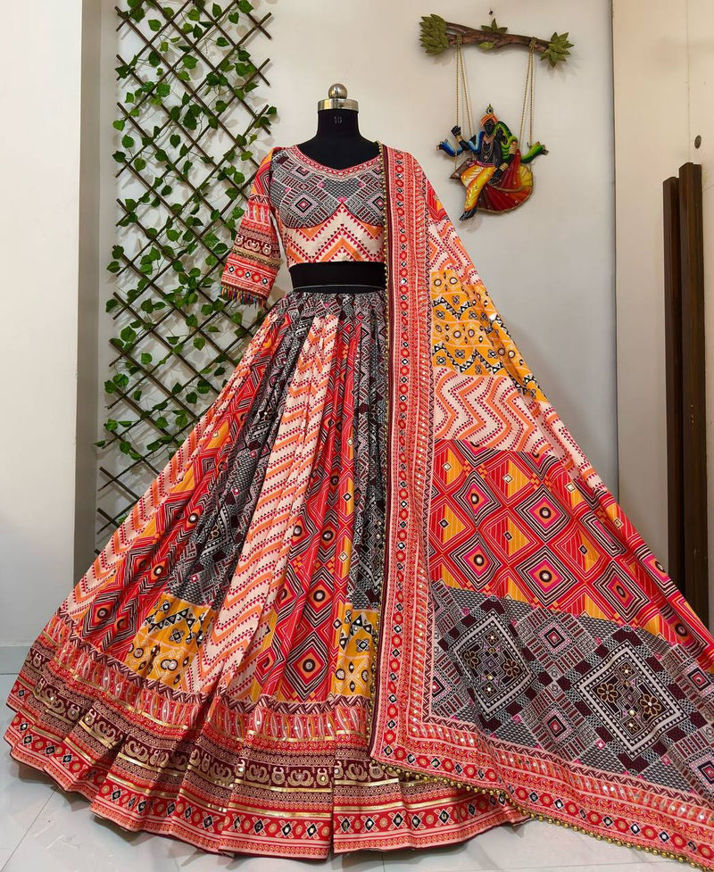 Multi Color Digital Print with Mirror Work Designer Lehenga Choli