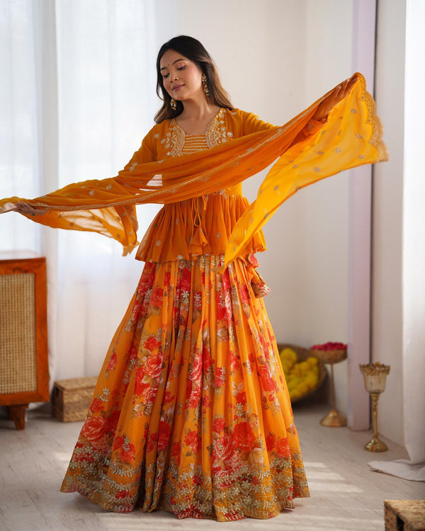 Yellow Color Thread with Sequins With Digital Printed Designer Lehenga Choli