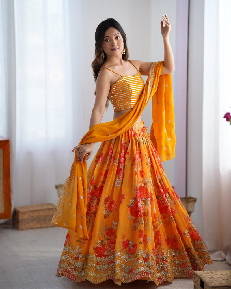Yellow Color Thread with Sequins With Digital Printed Designer Lehenga Choli
