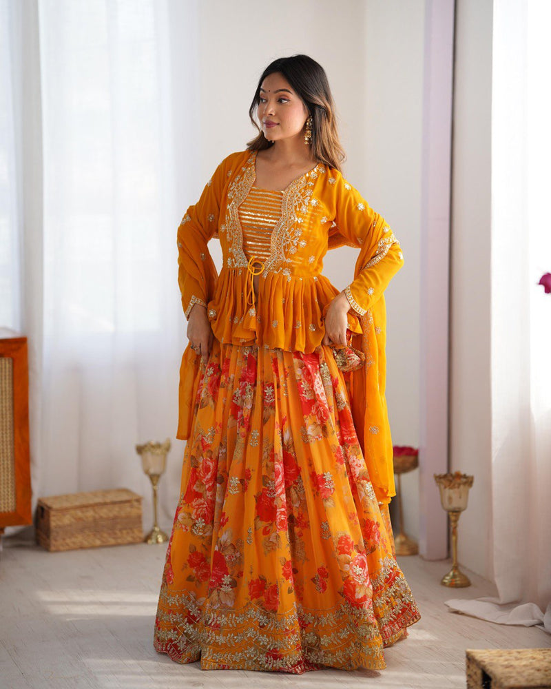 Yellow Color Thread with Sequins With Digital Printed Designer Lehenga Choli