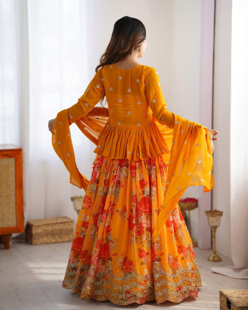 Yellow Color Thread with Sequins With Digital Printed Designer Lehenga Choli