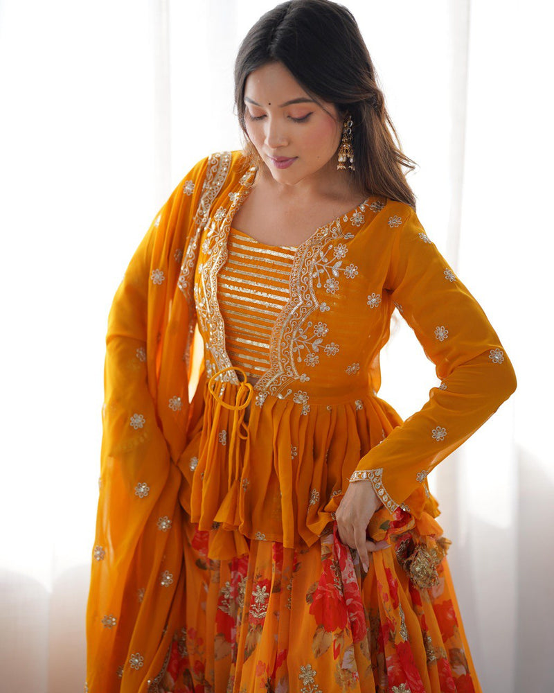 Yellow Color Thread with Sequins With Digital Printed Designer Lehenga Choli