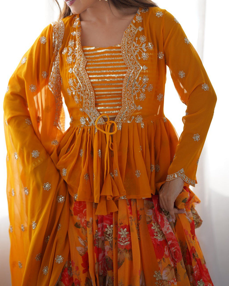 Yellow Color Thread with Sequins With Digital Printed Designer Lehenga Choli