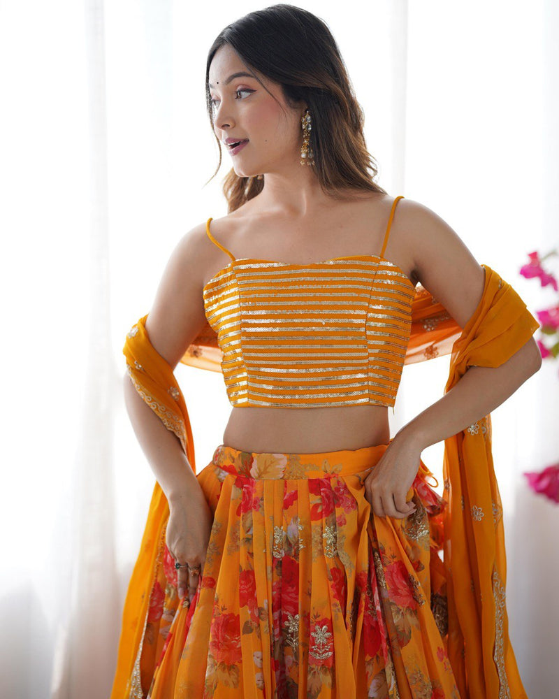 Yellow Color Thread with Sequins With Digital Printed Designer Lehenga Choli
