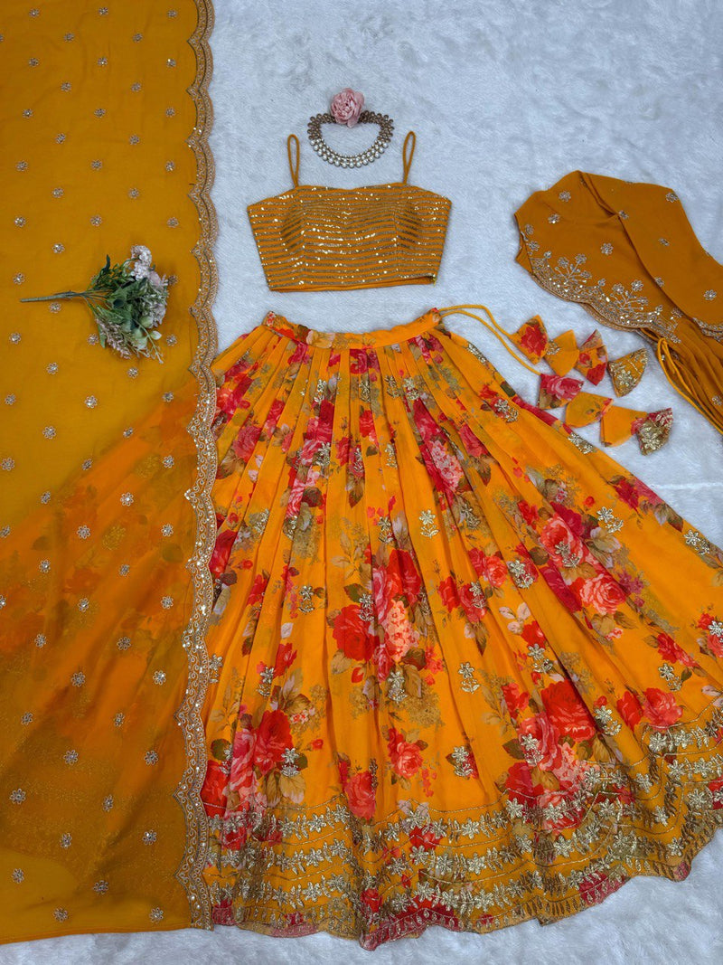 Yellow Color Thread with Sequins With Digital Printed Designer Lehenga Choli